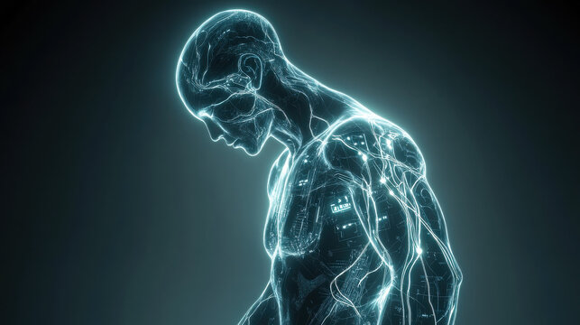 Futuristic AI-crafted humanoid with translucent skin, revealing glowing veins and intricate circuits beneath &mdash;ar 16:9 