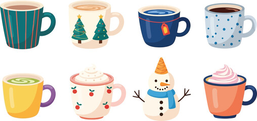 Cozy collection of festive mugs filled with warm beverages and winter treats