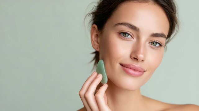 Woman demonstrating gua sha facial massage techniques for glowing skin