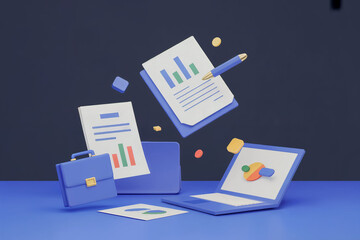 Business concept illustration with icons laptop and finance elements.