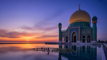 Obraz premium Mosque reflected in calm water at sunrise with birds flying