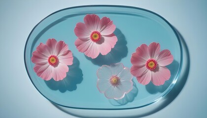Beautiful pink cosmos flowers float in a blue glass bowl with soft lighting.