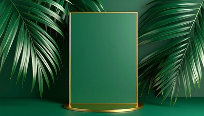 A vibrant emerald green display backdrop, framed by gold