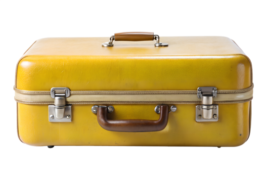 Closed yellow vintage suitcase isolated on transparent background, perfect for travel and storage, with retro style and classic design
