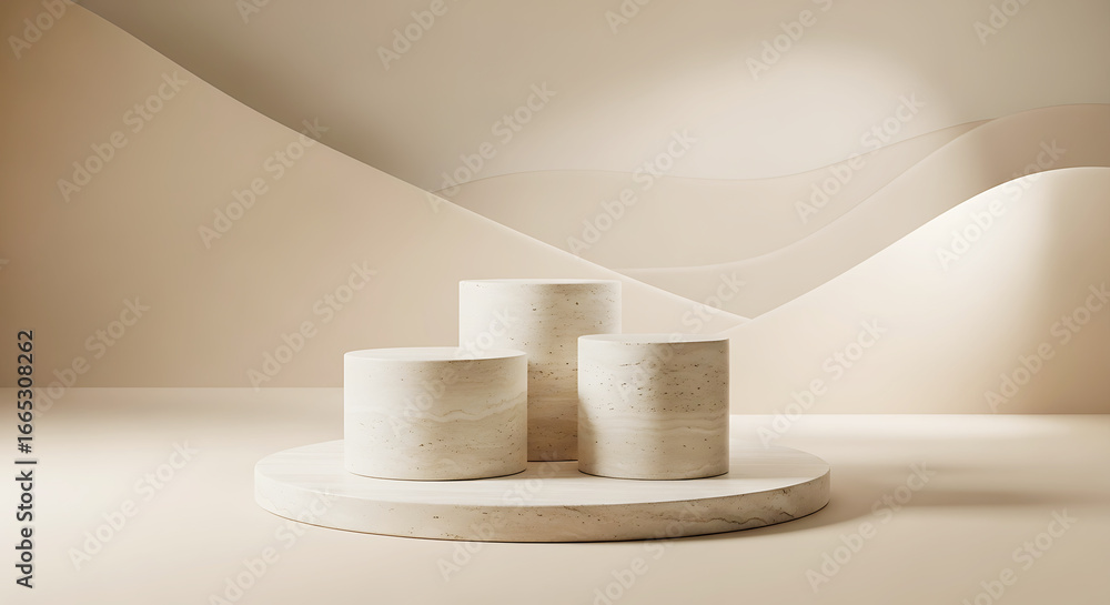 Poster set of three minimalist beige pedestals on a circular base, ideal for product presentation and sophi