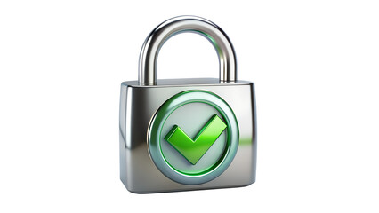 Silver padlock with green check mark isolated on transparent background representing security and approval for online safety