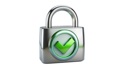 Silver padlock with green check mark isolated on transparent background representing security and approval for online safety