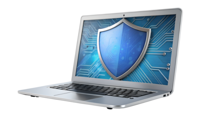 Laptop with shield on screen representing cybersecurity and protection for online safety isolated on transparent background