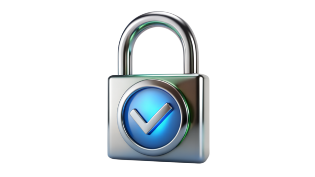 Silver padlock with blue check mark isolated on transparent background representing security and validation for online safety