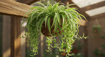 A vibrant cascading spider plant, a natural air-purifying indoor plant, thriving in a rustic wicker hanging basket inside a sunlit conservatory