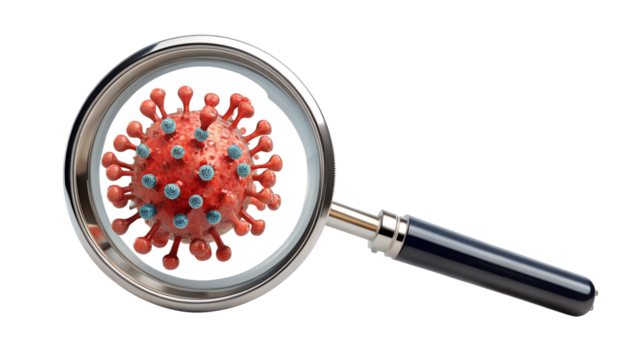 Magnifying glass examining a virus cell isolated on transparent background, representing medical research and disease analysis