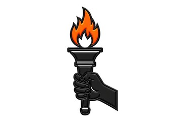 Stylized black hand holding flaming torch symbol on white background