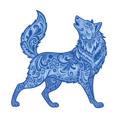 Fototapeta premium Artistic blue wolf illustration with intricate patterns and swirling designs, celebrating wildlife