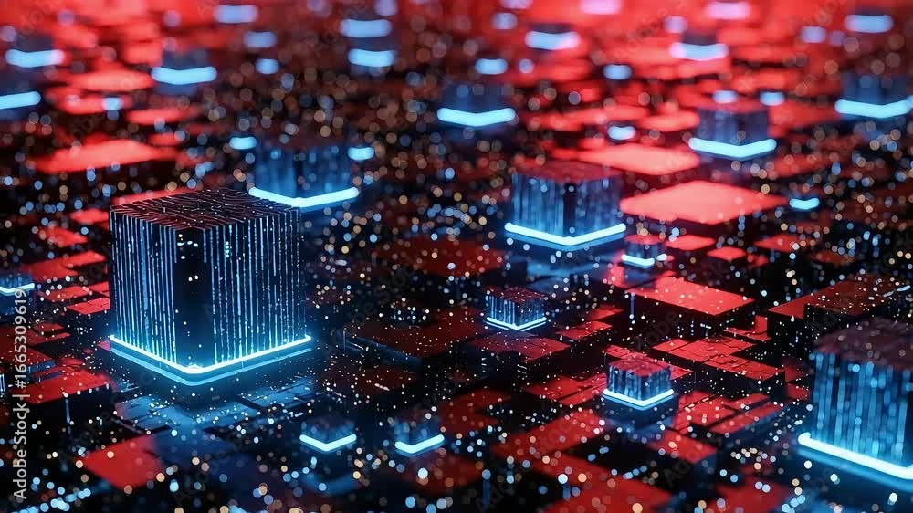 Poster abstract futuristic circuit board with glowing blue and red lights, representing advanced technology