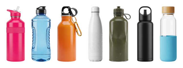 Reusable water bottle set including metal, plastic, and glass designs with various cap styles isolated. Hydration for sports, travel, and daily use.