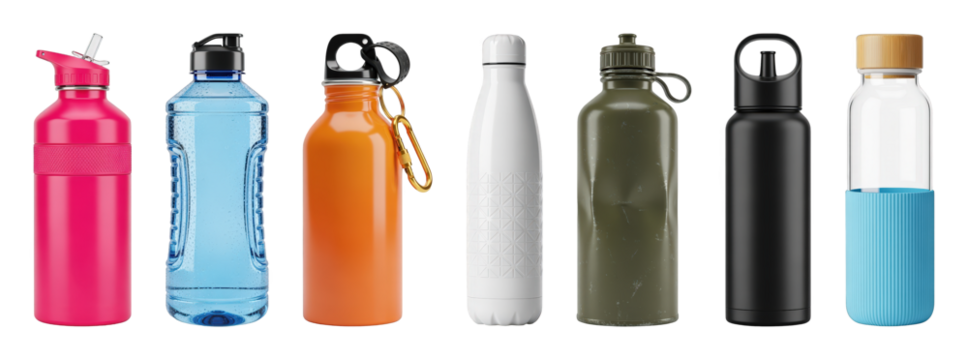 Reusable water bottle set including metal, plastic, and glass designs with various cap styles isolated. Hydration for sports, travel, and daily use.