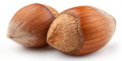 Two hazelnuts display their smooth exterior and distinct habitat. The nuts are positioned closely together, highlighting their natural earthy tones and textures, suitable for culinary uses