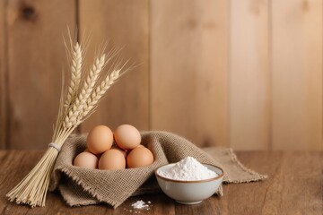 Baking Ingredients: Eggs, Flour, and Wheat Ears on a Wooden Table