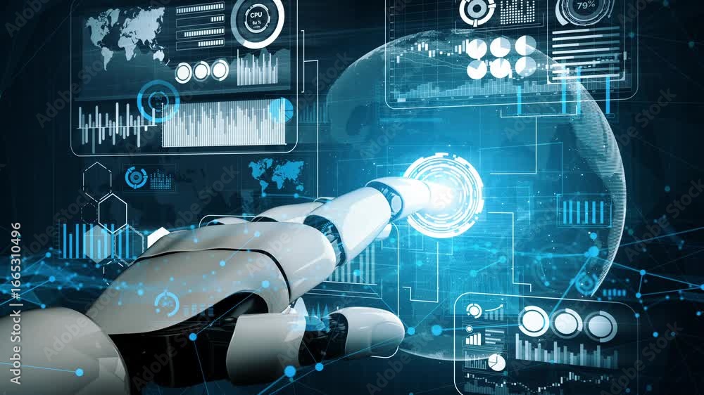 Poster a futuristic robotic hand interacts with glowing digital data, showcasing the synergy between artifi