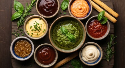 Variety of sauces on wooden board with fresh herbs and breadsticks