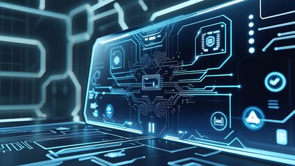 Futuristic Digital Circuit Board Interface with Glowing Blue Lines and Data Flow