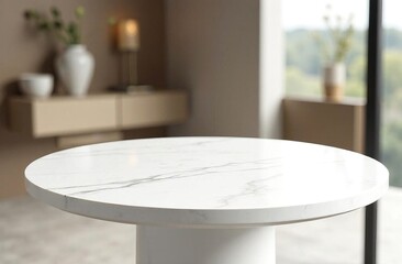 Empty marble white table top with green plant, stylish interior design of living room
