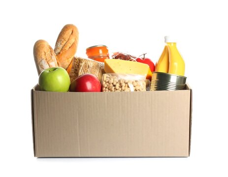 Cardboard box filled with assorted food items