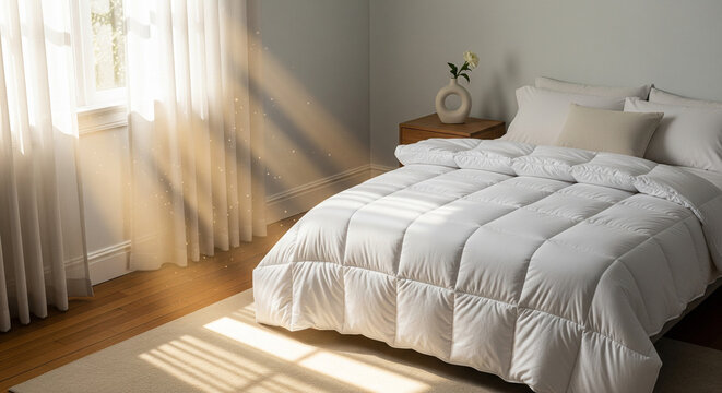 Sunny morning in a cozy bedroom with a white duvet on the bed. The natural light creates a peaceful and calm atmosphere, perfect for a good night's sleep.
