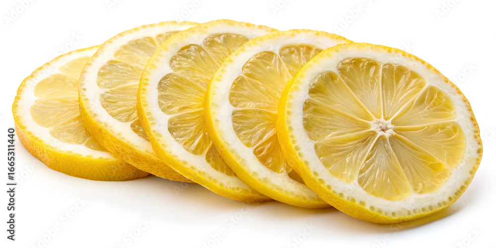Poster bright yellow lemon slices are arranged in a row on a clean white surface. the juicy texture and vib