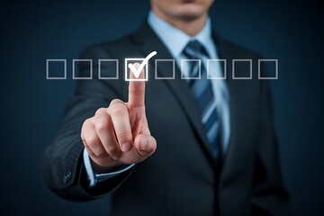 Obraz premium A businessman in a suit selects a checked box from a row of empty checkboxes, signifying decision making, task completion, and successful process management