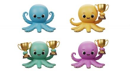Obraz premium Four cute cartoon octopuses with trophies