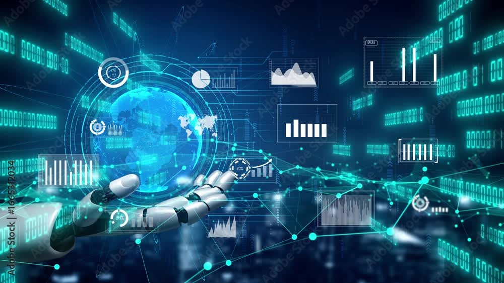 Poster a futuristic robot hand presents a captivating data visualization in a digital space, emphasizing te