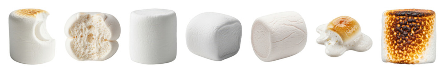 Marshmallow set including whole, bitten, cut, melted, golden, and charred stages isolated. Sweet confectionery elements.