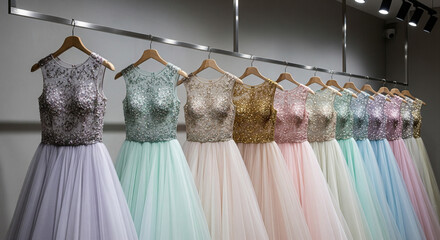 A stunning collection of elegant, sparkling ball gowns hangs on a rack in a fashion boutique. The dresses feature intricate beaded bodices in various pastel and metallic colors