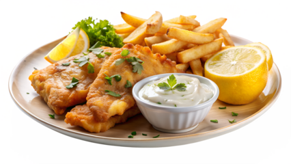 Delicious fish and chips served with tartar sauce, lemon and parsley isolated on transparent background