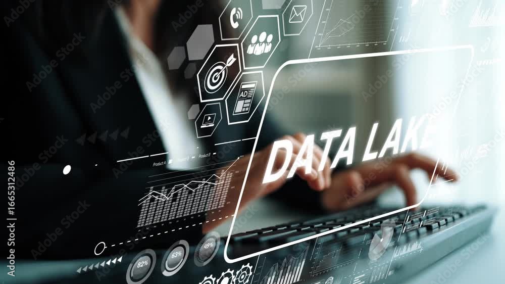 Poster business professional interacting with data lake technology visualization on a modern keyboard in a 