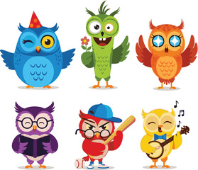 create Vector illustration of colorful cartoon funny owls set on white background. Happy and joyful birds set in flat style