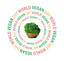World Vegan Day, healthy eating concept. Broccoli. Vegetable, fruit photo combination, isolated....