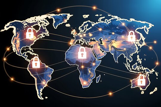 Global network security concept with locked continents on a world map, representing international data protection, cyber safety, and secure digital connections worldwide