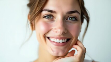 A woman smiles while holding her hand to her face, expression of joy and contemplation