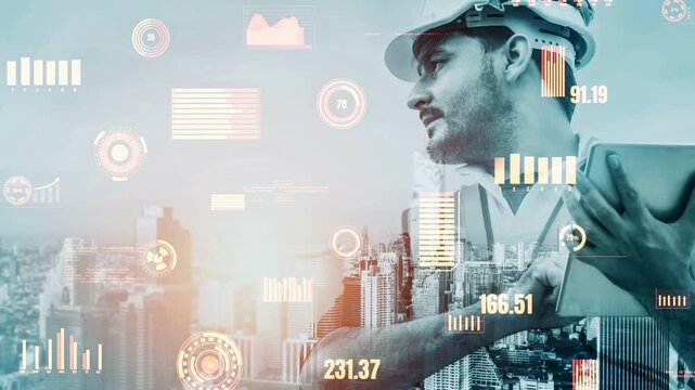 Future building construction and inventive engineering project concept with HUD hologram graphic design. Building engineer, architect people or construction worker works with modern civil technology.