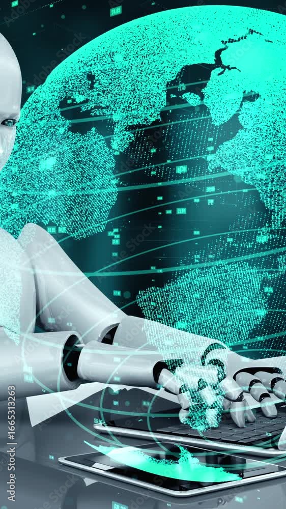 Poster futuristic robot artificial intelligence huminoid ai data analytic technology development and machin