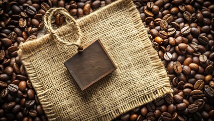 Roasted coffee beans with a burlap tag and string