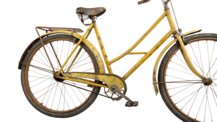 Vintage mustard yellow bicycle isolated on transparent background, showcasing retro design and classic transportation style