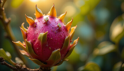 A close-up view shows a dragon fruit hanging from a plant in a garden. The fruit's bright pink exterior and green spikes are illuminated by soft sunlight during golden hour