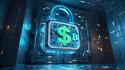 Digital Currency Security: A compelling illustration of a high-tech lock symbolizing the secure protection of digital assets, showcasing the importance of data and finance security.