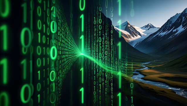 Digital Nature: An ethereal fusion of digital code cascading down onto a breathtaking landscape of majestic mountains, serene valleys, and a pristine waterway.