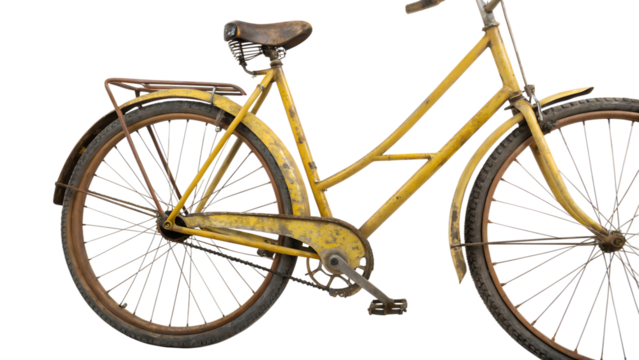 Vintage mustard yellow bicycle isolated on transparent background, showcasing retro design and classic transportation style