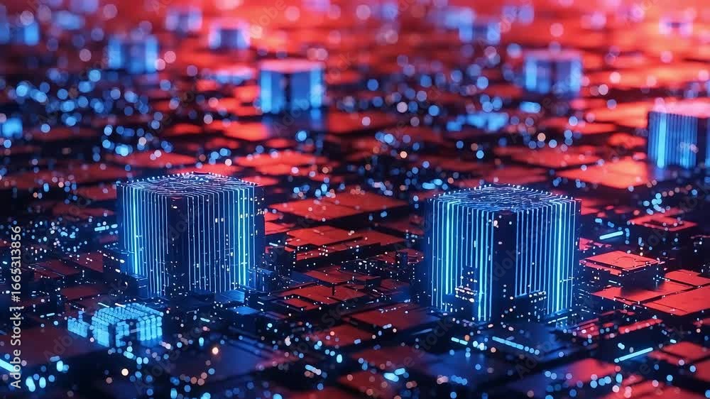 Aufkleber abstract closeup of a futuristic computer circuit board with glowing blue and red lights, representi