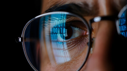 Binary Code in Reflection: A close-up shot of an eye, with glasses reflecting binary code. Capturing the essence of technology and analysis.